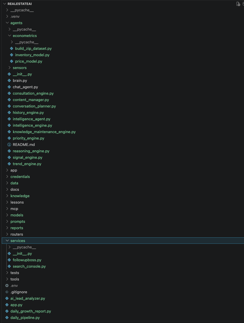 RealEstateAI modular AI platform architecture shown in Visual Studio Code